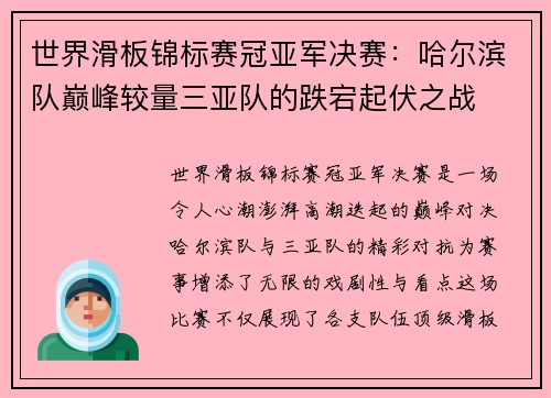 世界滑板锦标赛冠亚军决赛：哈尔滨队巅峰较量三亚队的跌宕起伏之战