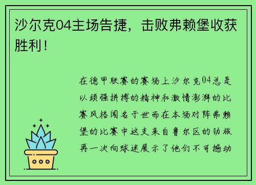 沙尔克04主场告捷，击败弗赖堡收获胜利！